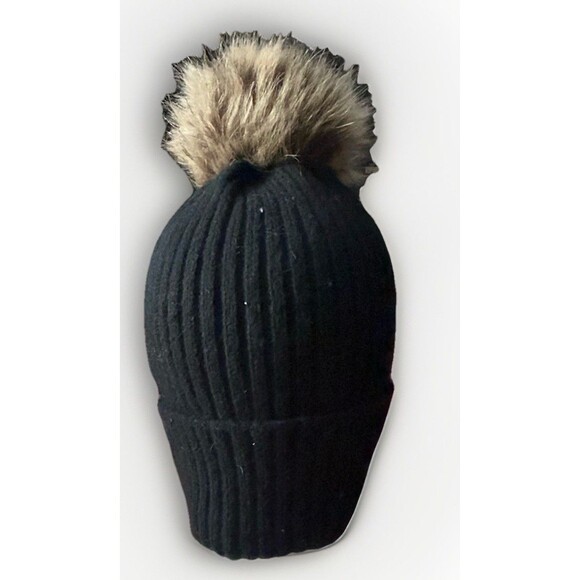 Lucky Brand Winter Faux Fur Pom Pom Hat Brown Rib Knit - Picture 3 of 9
